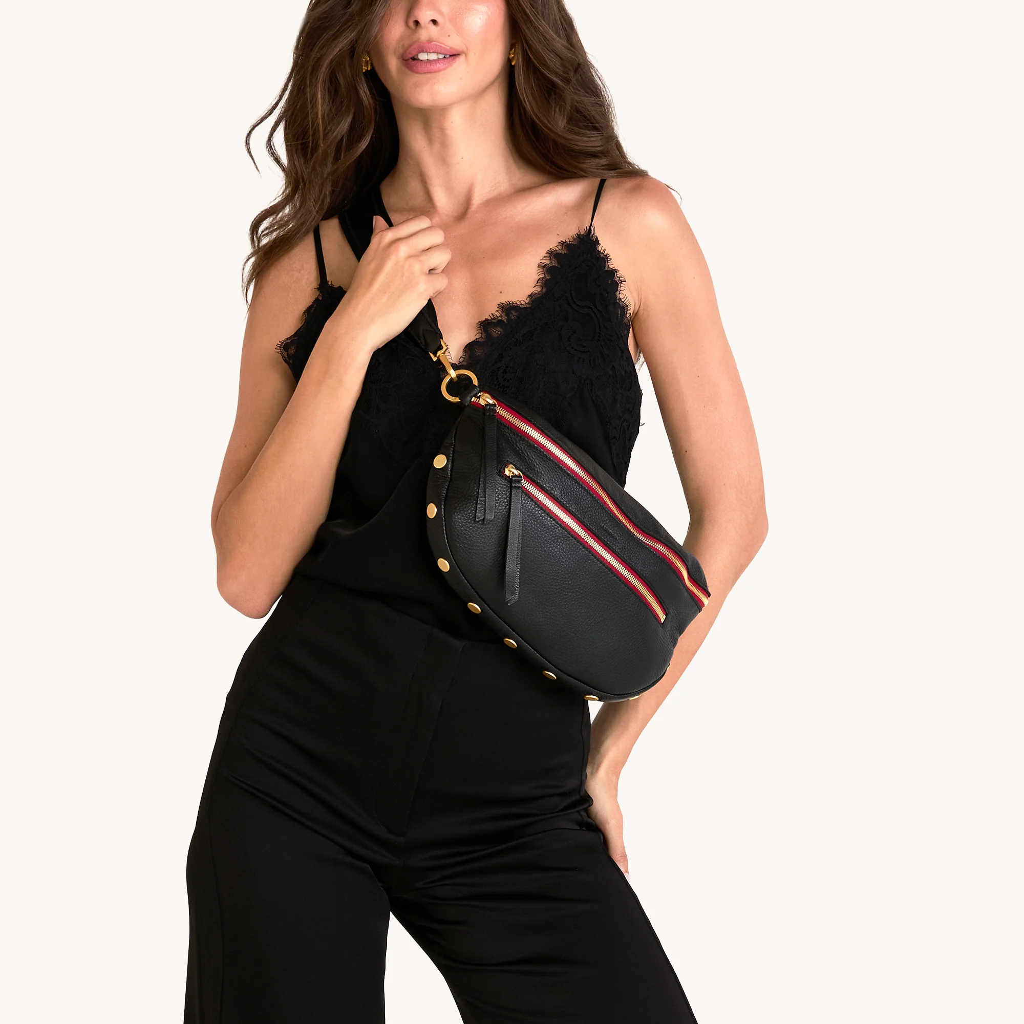 Charles Crossbody | Black/Brushed Gold Red Zip | Lrg - Image 3