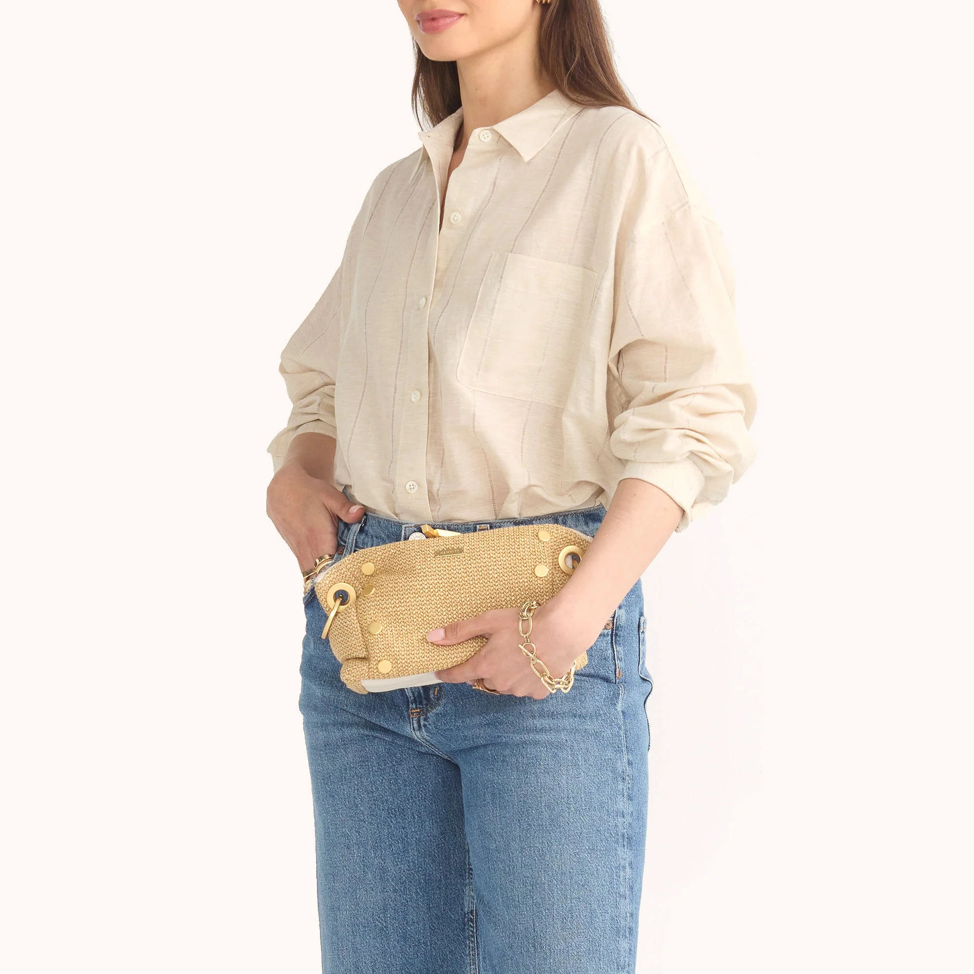 Daniel Crossbody Clutch | Calla Lily White Raffia/Brushed Gold | Sml - Image 10