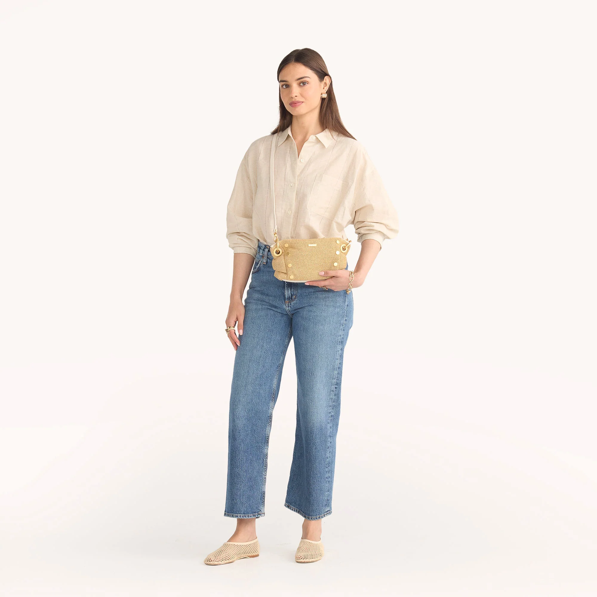 Daniel Crossbody Clutch | Calla Lily White Raffia/Brushed Gold | Sml - Image 11