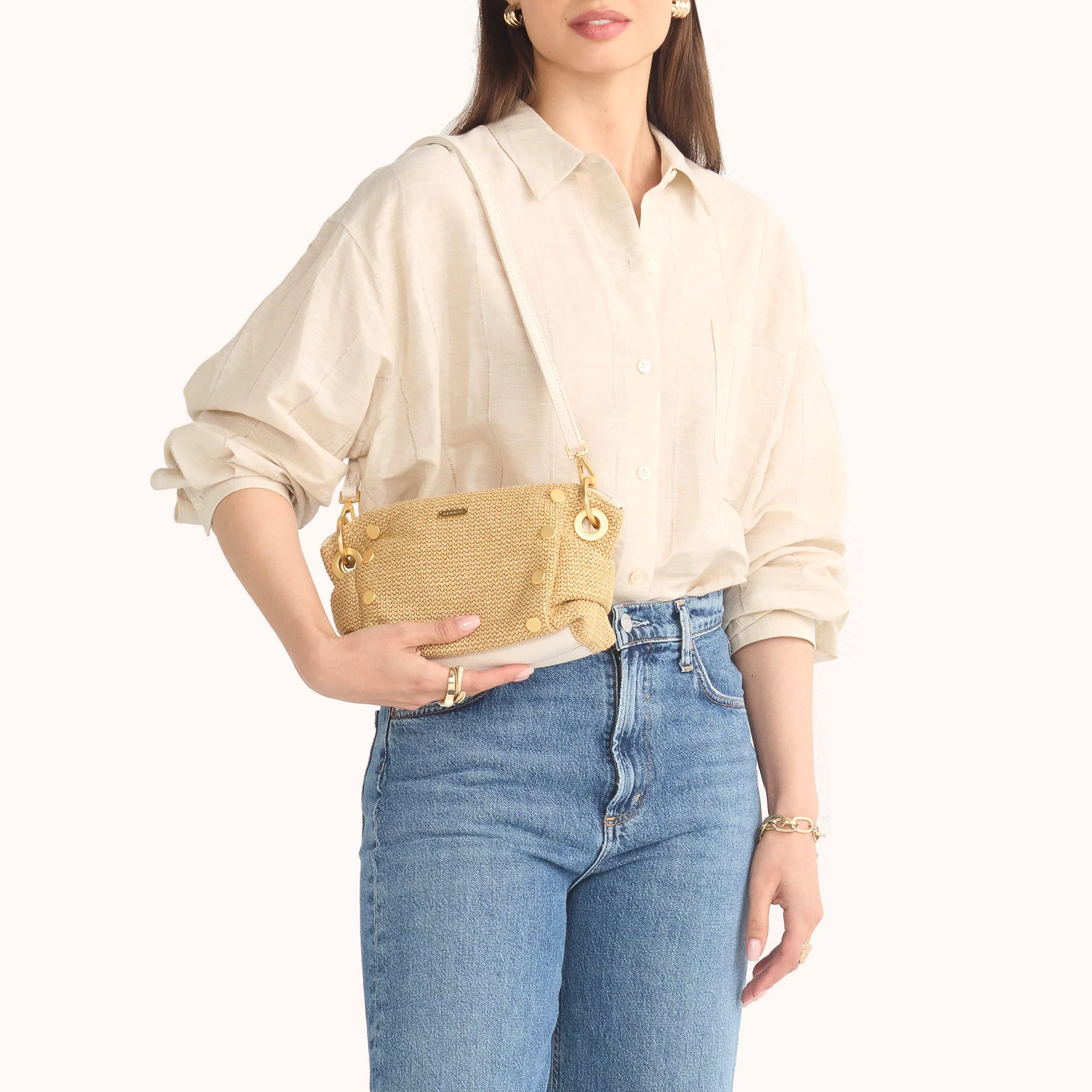 Daniel Crossbody Clutch | Calla Lily White Raffia/Brushed Gold | Sml - Image 9